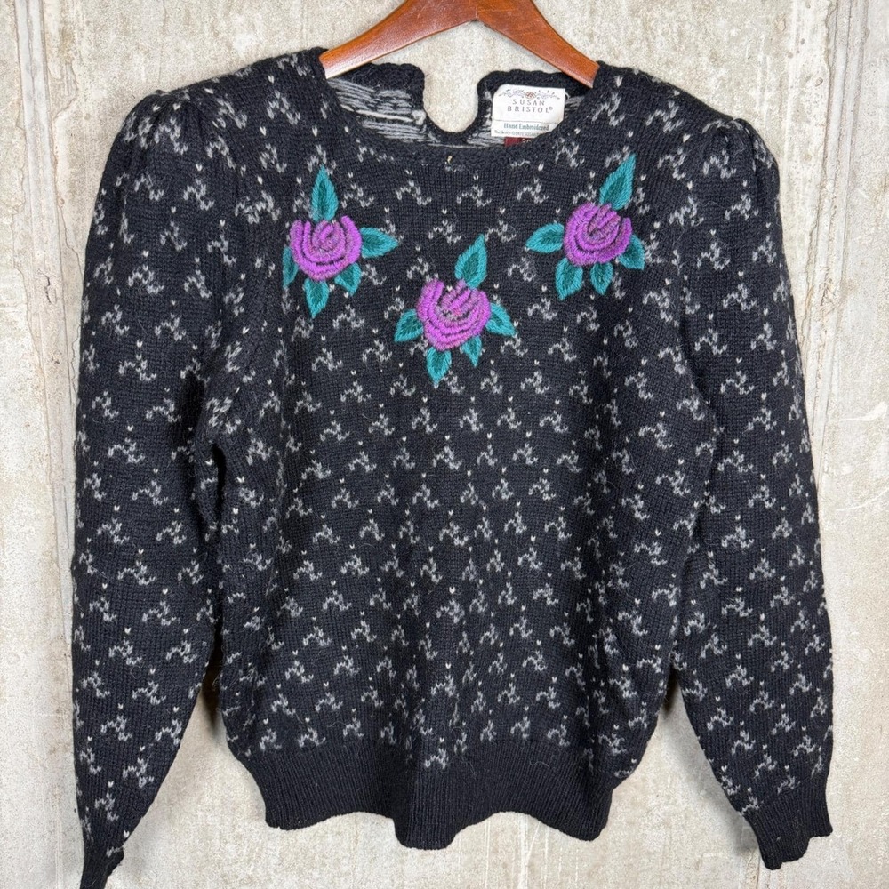 Susan Bristol Vintage 1989 Wool Sweater Hand Embroidered Roses Black Sz 36 80s